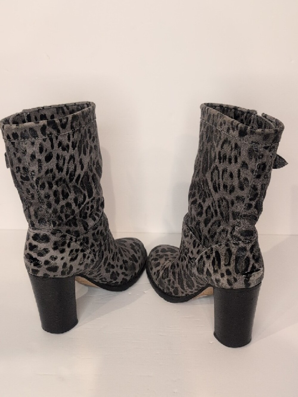 Jimmy Choo Gray Leopard-Print Mid-Calf Heeled Boots Size 36.5 - Picture 7 of 15